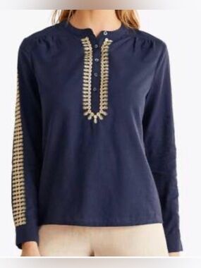 EUC Boden Esme Embroidered In Navy Long-Sleeve Top